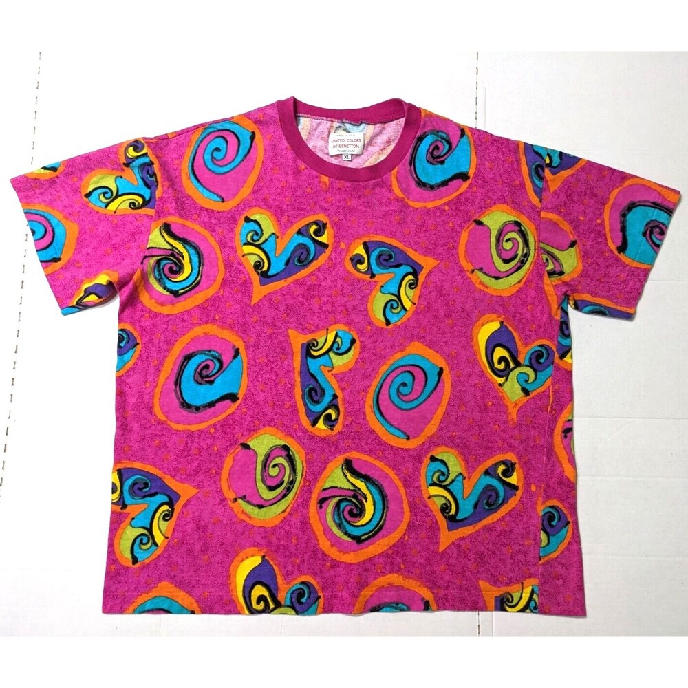 United Colors of Benetton T-Shirt Single Stitch Pink with Heart Graphics Size XL